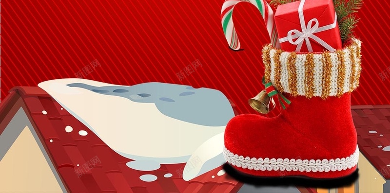 圣诞节狂欢红色背景psd设计背景_新图网 https://ixintu.com 圣诞狂欢 圣诞老人 圣诞节 圣诞袜 圣诞鞋子 房屋 积雪 红色背景 雪