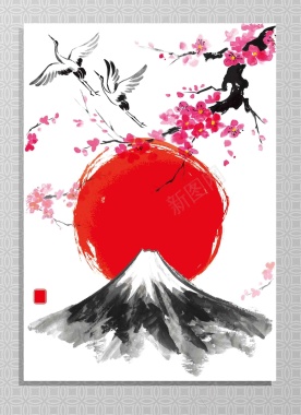 和风梅花富士山太阳仙鹤水墨海报背景矢量图背景