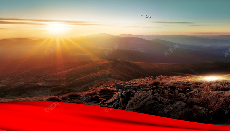 红太阳照山河设计背景图片