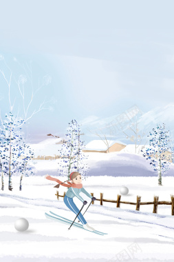 冬季滑雪小清新手绘蓝色banner背景