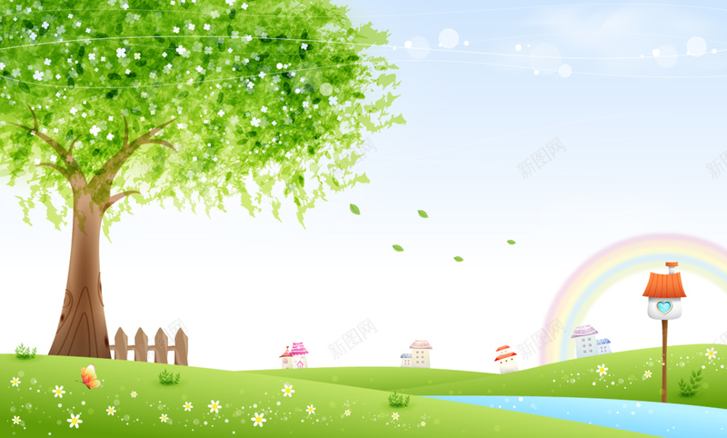 绿色清新手绘背景psd设计背景_新图网 https://ixintu.com 卡通 叶子 天空 手绘 栅栏 树木 河流 清新 童趣 绿色 草地