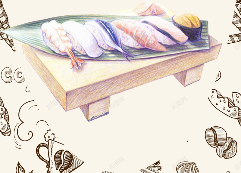 手绘寿司美食海报背景psd设计背景_新图网 https://ixintu.com 寿司 手绘 日本 海报 清新 美味 美食 美食节 背景 诱人