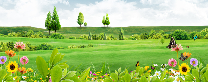 蓝天草地背景psd设计背景_新图网 https://ixintu.com 大气 海报banner 绿地 绿色 草原 草地 蓝天草地背景
