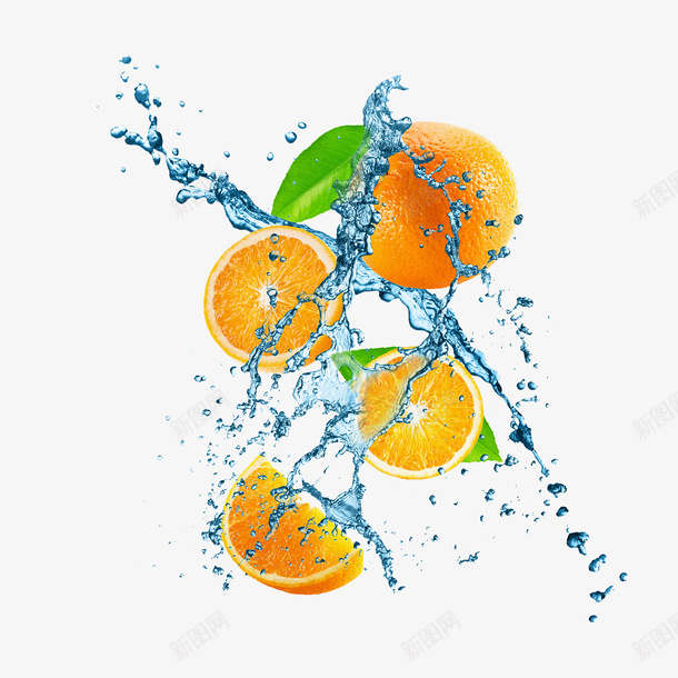 广告动感橙子溅水png免抠素材_新图网 https://ixintu.com 切开的橙子 动感 动画 广告设计 橙子 海报设计 溅水 绿叶