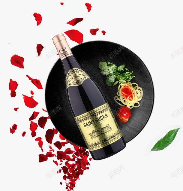 花瓣和红酒png免抠素材_新图网 https://ixintu.com 一瓶 卡通 意面 手绘 牛排 红色 红酒 花瓣 黑色