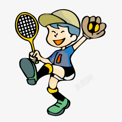 卡通手绘打网球小孩素材