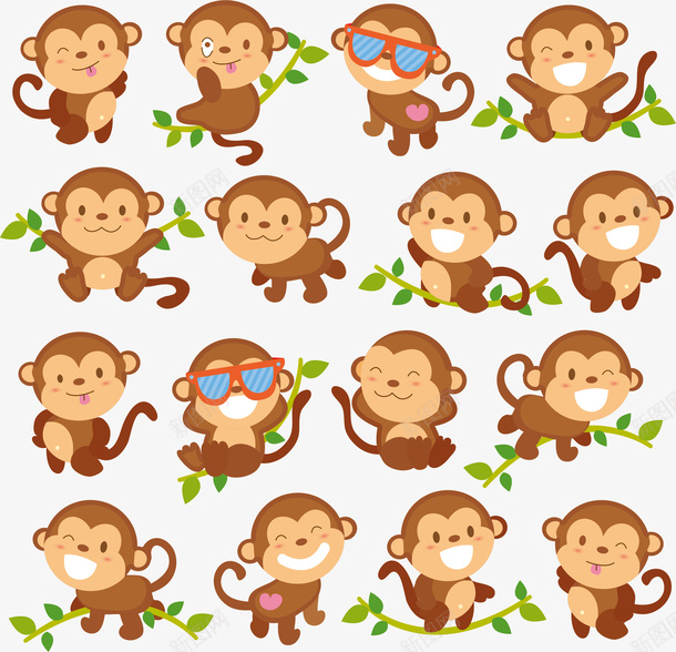 可爱小猴子一系列png免抠素材_新图网 https://ixintu.com 卡通 可爱 小猴子 水彩 猴群 系列