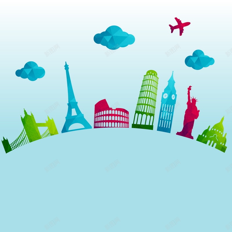 环游世界矢量图ai设计背景_新图网 https://ixintu.com 世界 几何 扁平 旅游 旅行 景点 渐变 环游 蓝色 飞机 矢量图