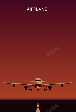 扁平化夕阳准备起飞的飞机海报背景矢量图高清图片
