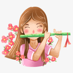 绿色笛子手绘可爱吹笛子的女孩高清图片