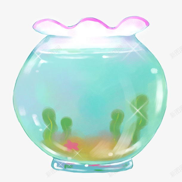 一个鱼缸png免抠素材_新图网 https://ixintu.com 卡通 手绘 水草 玻璃 简图 红色的 绿色的 鱼缸