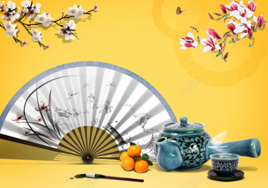 中国风梅花兰花与扇子背景背景