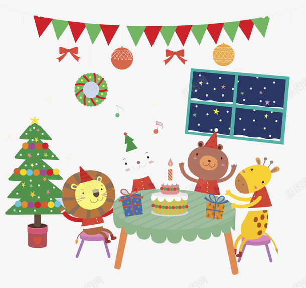 动物们加家过圣诞节png免抠素材_新图网 https://ixintu.com 动物们 卡通 圣诞树 开心 手绘 晚上 蛋糕 装饰漂亮