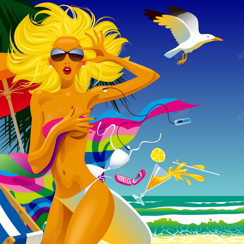 沙滩美女矢量图ai设计背景_新图网 https://ixintu.com 卡通 女人 性感 手绘 比基尼 沙滩 沙滩上的女人 矢量图 童趣 美女