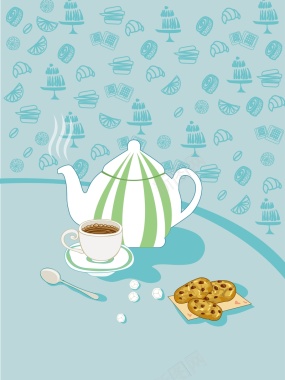 青色矢量卡通咖啡饮品海报背景背景