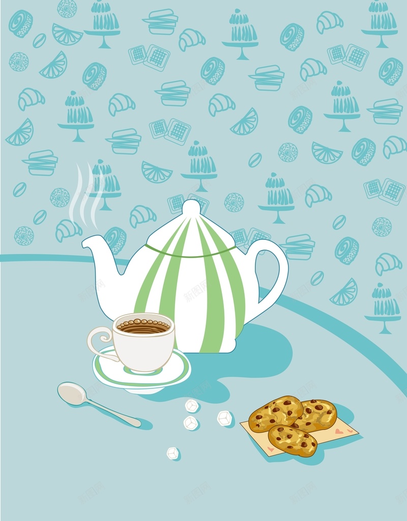青色矢量卡通咖啡饮品海报背景ai设计背景_新图网 https://ixintu.com 促销 创意 勺子 卡通 卡通饼干 吃货 吃货节 咖啡 咖啡壶 咖啡店 手冲壶 手绘 文艺 海报 甜品 矢量图 茶馆 饼干