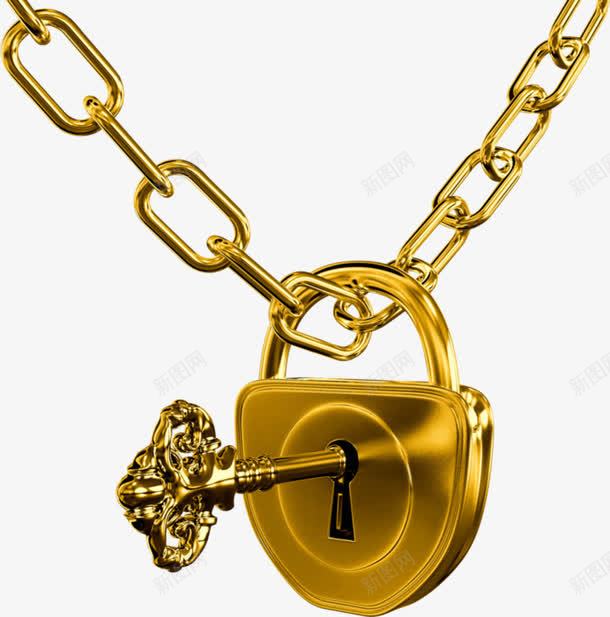 金色锁头钥匙png免抠素材_新图网 https://ixintu.com 插画 金色 钥匙 铁链 锁头