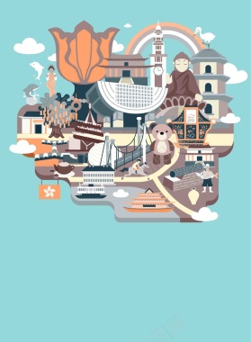 手绘矢量旅游香港景点蓝色白云地图海报背景背景