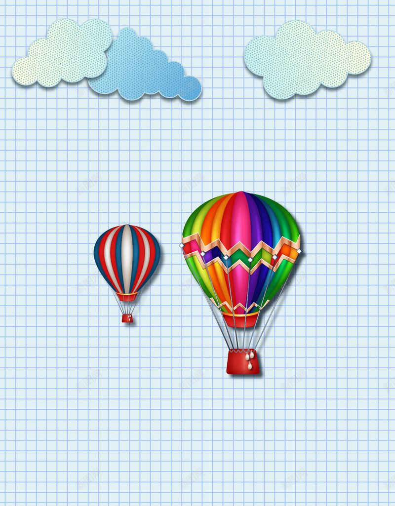蓝色格子背景上的热气球H5背景矢量图ai设计背景_新图网 https://ixintu.com H5素材 云朵 斑点 热气球 色彩 蓝色 蓝色格子 飘扬 鲜艳的热气球 矢量图