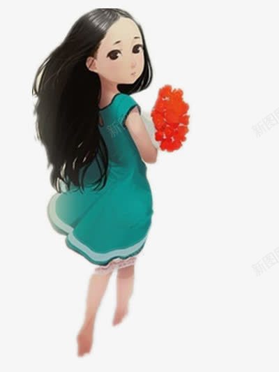 拿着花束女孩的转头png免抠素材_新图网 https://ixintu.com 侧脸 插画 红色的花 花的种类 长发