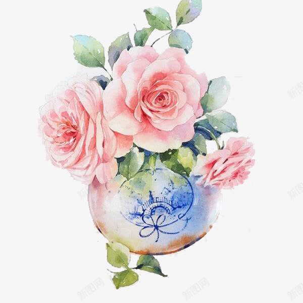玫瑰花与青花瓷花瓶png免抠素材_新图网 https://ixintu.com 月季花 玫瑰花 粉色手绘 花瓶