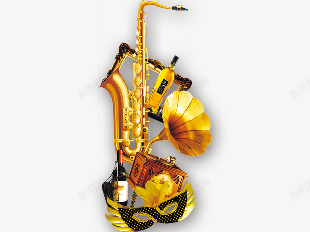 乐器和面具png免抠素材_新图网 https://ixintu.com 乐器 金色 面具