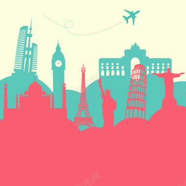 手绘红绿城市建筑飞机背景矢量图背景