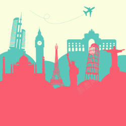 绿城手绘红绿城市建筑飞机背景矢量图高清图片
