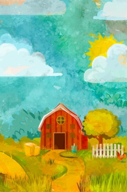 彩绘鸡手绘农场小屋风景背景矢量图高清图片