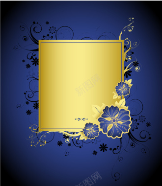 手绘蓝色花朵金色卡片蓝底背景矢量图背景
