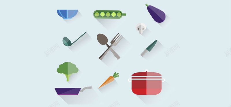 厨房相关的日常生活用品与蔬菜矢量图背景