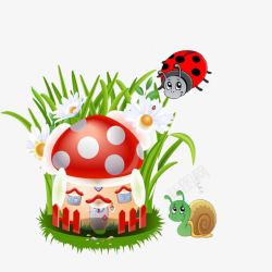 卡通蘑菇上的蜗牛七星瓢虫高清图片