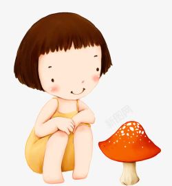 女孩蹲着看蘑菇的小女孩高清图片