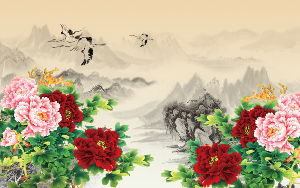 中国风水墨山水牡丹海报背景背景