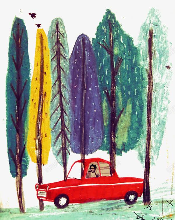 手绘树林png免抠素材_新图网 https://ixintu.com 手绘元素 旅游元素 树林 植物 红色汽车 背景元素