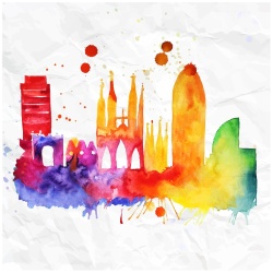 水墨插画彩色水墨城市建筑背景模板矢量图高清图片