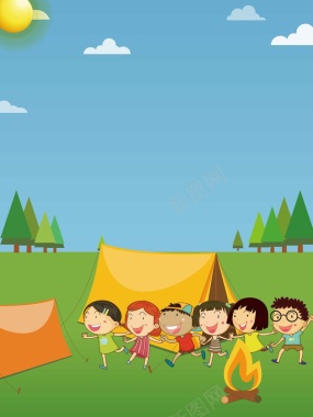 卡通小朋友出游暑假夏令营海报背景模板矢量图背景