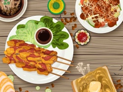 新加坡美食手绘矢量旅游新加坡美食沙爹烧烤海报背景高清图片