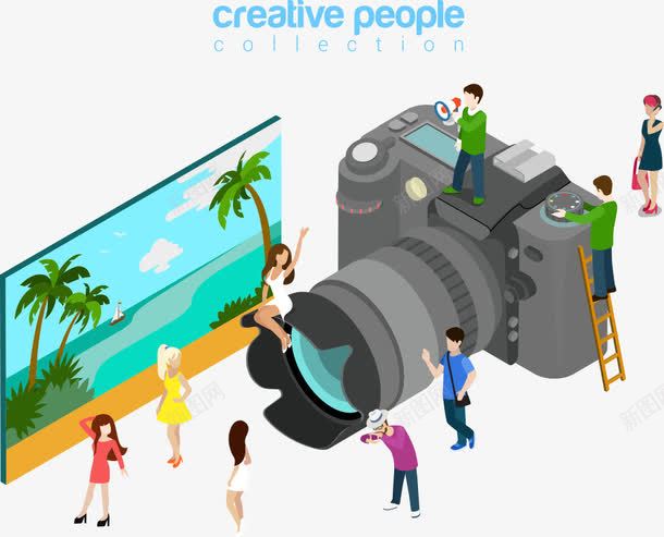 相机上的人物png免抠素材_新图网 https://ixintu.com 人物 创意相机 卡通相机 梯子 相机