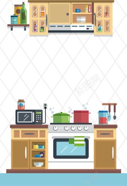 扁平化开放式厨房海报背景矢量图背景
