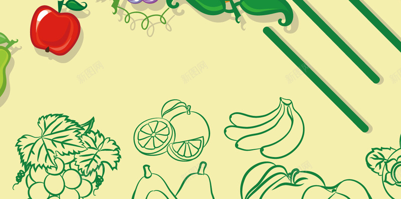 绿色圆环边的水果蔬菜H5背景矢量图ai设计背景_新图网 https://ixintu.com H5素材 柠檬 水果 清新 简约 线条 绿色 苹果 蔬菜 香蕉 矢量图