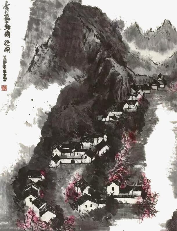 水墨杏花村png免抠素材_新图网 https://ixintu.com 国画 山 杏花 水墨画 水墨路