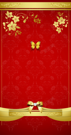 海报蝴蝶金色花纹蝴蝶红底背景矢量图高清图片
