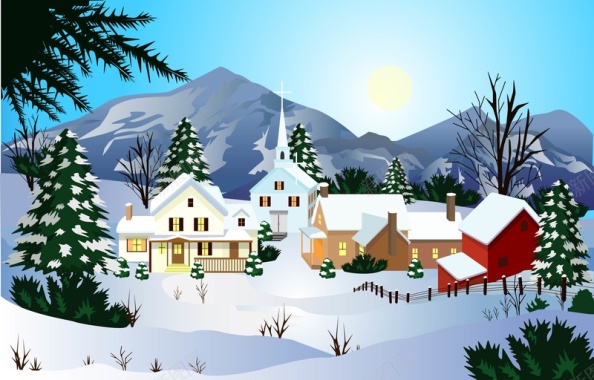矢量圣诞节手绘村庄雪景背景背景