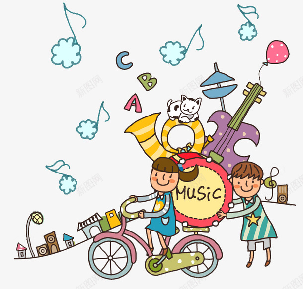 手绘小孩和乐器png免抠素材_新图网 https://ixintu.com 乐器 免抠图 小孩 抠图 插画 装饰画 骑自行车的小孩