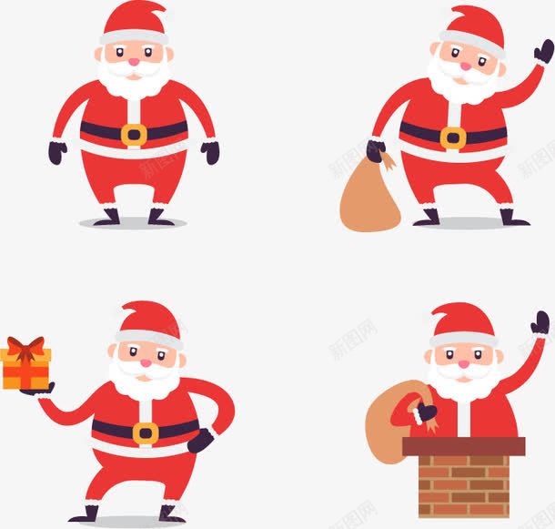 四个圣诞老人png免抠素材_新图网 https://ixintu.com 挥手 爬烟囱 送礼物