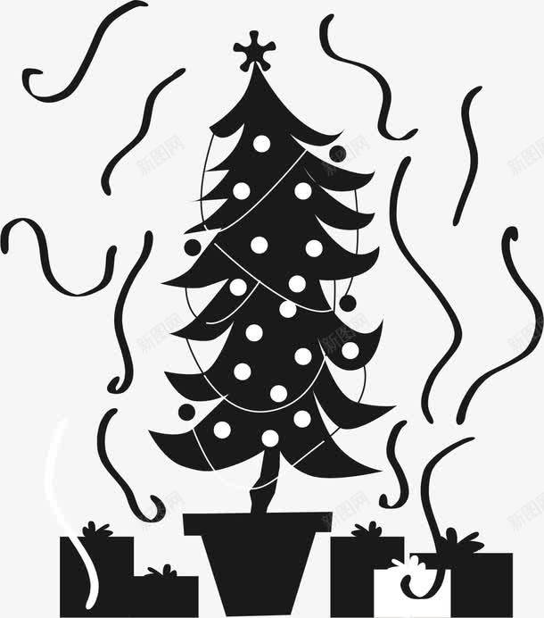 黑白彩带圣诞树png免抠素材_新图网 https://ixintu.com 创意 星星 礼物盒 轻盈