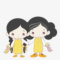 手绘卡通穿黄色裙子的两个女孩素材