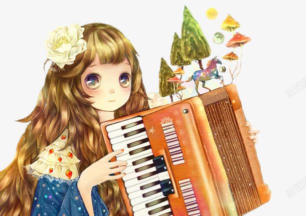 谈手风琴的小女孩png免抠素材_新图网 https://ixintu.com 创意 女孩 弹奏手风琴 手风琴 插画 水彩 马