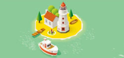 海边房子淘宝矢量卡通度假小岛房子游艇海边树木海报高清图片
